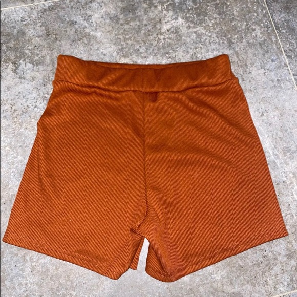 Embroidery Biker Shorts Ribbed Knit Brown High Waist Casual Shorts, Sz Med - Picture 3 of 5